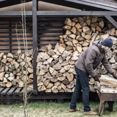 Mann mit blauer Mütze lagert anmachholz in einer Schubkarre. Der Holzstapel hinter ihm ist beeindruckend.