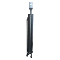 Hydraulikzylinder eines Holzspalters, schwarz, auf weißem Hintergrund.