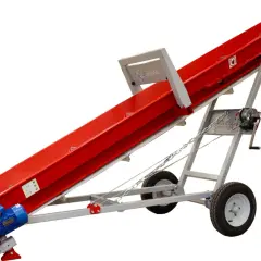 Rotes Förderband, 4m lang, ideal für den Transport von Holz. Mit Motor und Rädern für einfache Handhabung.