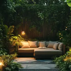 Gemütliche Garten Ecke Ideen: Ein bequemes Sofa lädt zum Entspannen ein, umgeben von üppiger Vegetation und stimmungsvoller Beleuchtung.