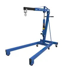Blauer Werkstattkran 2t mit ausziehbarem Arm und Haken, bereit für schwere Hebearbeiten in der Werkstatt.