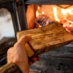Hand hält Holzscheit für den Ofen. Bald wird brennholz verboten, die letzte Wärme.