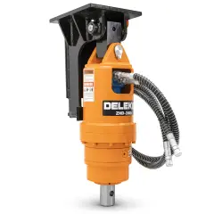 Orange hydraulik erdbohrer von Delek mit zwei Schläuchen.