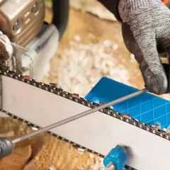 Mit einem Kettenschärfgerät wird die Sägekette der Motorsäge geschärft. Ein Mann mit Handschuhen feilt an der Kette.