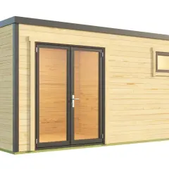 Modernes Gartenhaus mit Doppeltür und Fenster, ideal als Werkstatt oder Aufbewahrungsort.
