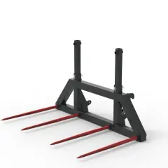 Schwarze ballentransportgabel mit vier roten Zinken, bereit für den Einsatz auf dem Feld.