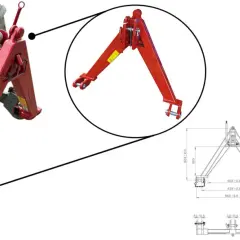 Roter Dreipunkt-Anbaubock, ein weiser Dreieck-Aufkleber ist sichtbar. Technische Zeichnungen zeigen Maße.