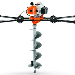 Leistungsstarke erdbohrer maschine mit orange-weißem Motor und großem Bohrer für schnelle Erdloch-Erstellung.