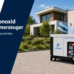 Ein modernes Haus mit einem leisen Stromerzeuger im Freien. Das Aggregat steht auf einer gepflasterten Einfahrt, Abgase steigen auf.