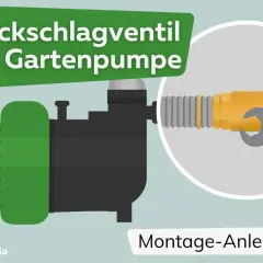 Illustration zeigt eine Gartenpumpe und eine Montageanleitung für ein Rückschlagventil.