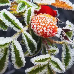 Eiskristalle schmücken grüne Blätter und rote Hagebutten. Selbst im Winter pflanzen die Natur und ihre Früchte ihre Schönheit.