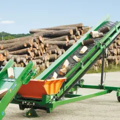 Grünes Förderband transportiert Holzscheite. Im Hintergrund liegt ein großer Stapel Baumstämme.