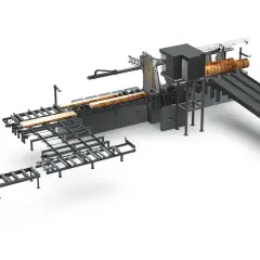 Moderne Blockbandsäge mit automatischem Stammtransport und Bretterförderung. Effiziente Holzverarbeitung.