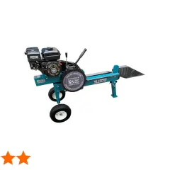 Ein kinetischer holzspalter mit Benzinmotor und Rädern, bereit für den Einsatz.