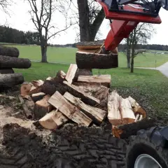 Bagger mit Kegelspalter spaltet Holz. Gebraucht, aber leistungsstark für Brennholz.