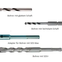 Verschiedene Bohrer zeigen, wie sehen Steinbohrer aus: glatter Schaft, Sechskant-Schaft, SDS Max Adapter und SDS+ Bohrer.
