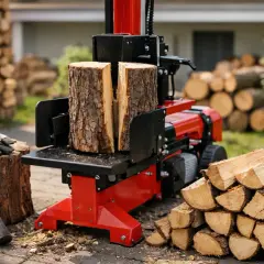 Roter Holzspalter mit zwei Holzstämmen, bereit zum Spalten. Daneben liegen Äxte und Handschuhe. Die Frage "holzspalter wieviel tonnen" wird durch die Leistung des Geräts beantwortet.