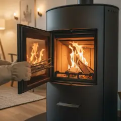 Person mit Handschuhen legt Holz nach, um die holzofen temperatur zu erhöhen. Flammen lodern im Ofen.