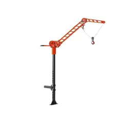 Ein kompakter, orangefarbener kran für anhängerkupplung mit Haken und Seil, ideal für den Transport.