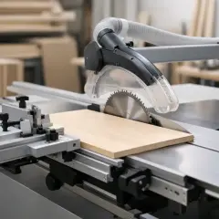 Präzise Schnitte mit der profi kreissäge. Ein Holzbrett wird auf dem robusten Maschinentisch geführt, während das Sägeblatt bereit ist.