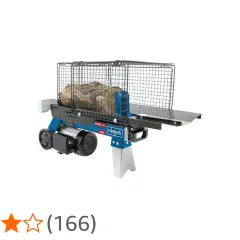 Blauer Scheppach holzspalter 4t mit einem Holzstamm, bereit zum Spalten.