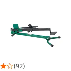 Grüner mechanischer Holzspalter mit schwarzem Hebel und Fußpedal, bereit, Holz zu spalten.