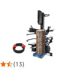 Leistungsstarker holzspalter 15 tonnen mit einem Holzstamm, der für die Spaltung bereit ist. Kabel und Stecker liegen daneben.
