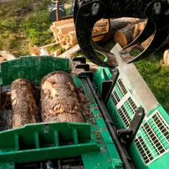 Ein Schichtholzspalter bereitet zwei Baumstämme für die Verarbeitung vor. Ein Greifer hält weitere Holzscheite bereit.