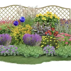 Bunte Blumenpracht mit lila Salbei, gelben Sonnenblumen und roten Taglilien. Tolle Beet-Ideen für einen blühenden Garten.