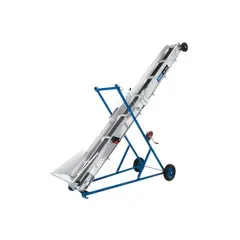 Ein mobiles scheppach Förderband auf blauem Gestell mit Rädern, bereit für den Transport von Materialien.
