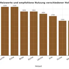 Balkendiagramm zeigt Heizwerte verschiedener Holzarten. Akazie/Robinie hat 2050 kWh/Raummeter, Buche und Eiche je 2100. Gut zum Heizen!