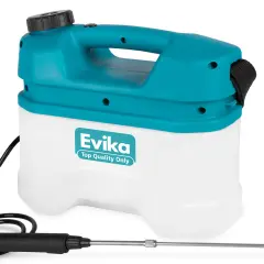 Ein weißer und türkiser Rückensprühgerät mit dem Logo "Evika" und einem Sprüharm.