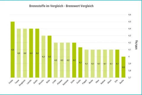 Balkendiagramm zeigt Brennwerte verschiedener Holzarten. Douglasie-Brennholz hat einen Wert von 4,4 kWh/kg.