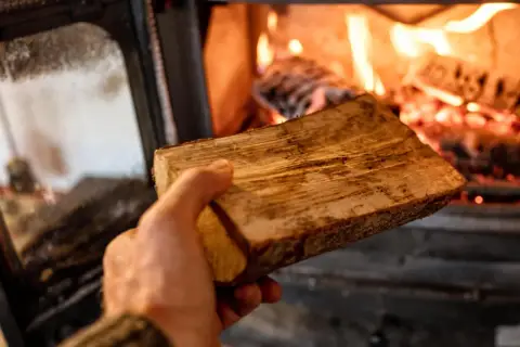 Hand hält Holzscheit für den Ofen. Bald wird brennholz verboten, die letzte Wärme.