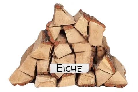 Stapel aus dichtem Eichenholz, bereit für ein warmes Feuer.