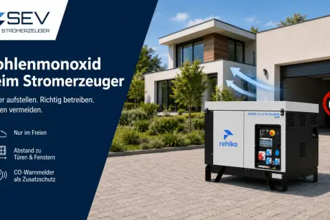 Ein modernes Haus mit einem leisen Stromerzeuger im Freien. Das Aggregat steht auf einer gepflasterten Einfahrt, Abgase steigen auf.