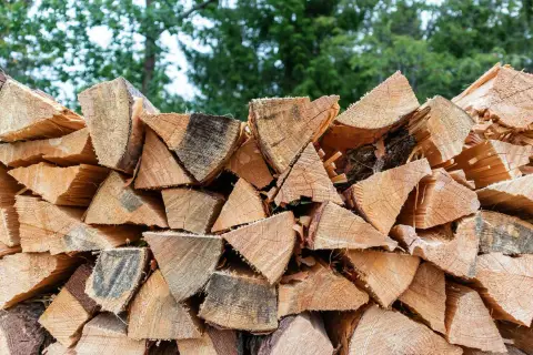 Stapel gespaltenes Holz, bereit für den Winter. Der hohe Brennwert von Walnussholz macht es zu einer beliebten Wahl für Kamine.