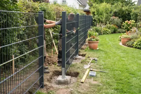Zwei Männer montieren einen modernen Metallzaun im Garten. Werkzeuge liegen bereit, um den neuen weidezaun garten zu vollenden.