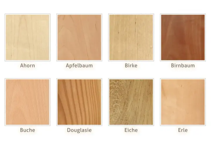 Holzmuster: Ahorn, Apfelbaum, Birke, Birnbaum, Buche, Douglasie, Eiche, Erle. Ahorn ist ein hartes Holz.