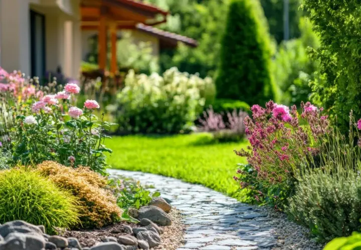 Ein blühender Gartenweg lädt zum Verweilen ein. Hier wird ein vorhandener Garten umgestaltet mit Rosen, Lavendel und Ziergräsern.