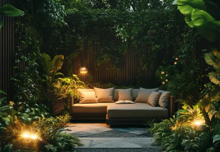 Gemütliche Garten Ecke Ideen: Ein bequemes Sofa lädt zum Entspannen ein, umgeben von üppiger Vegetation und stimmungsvoller Beleuchtung.