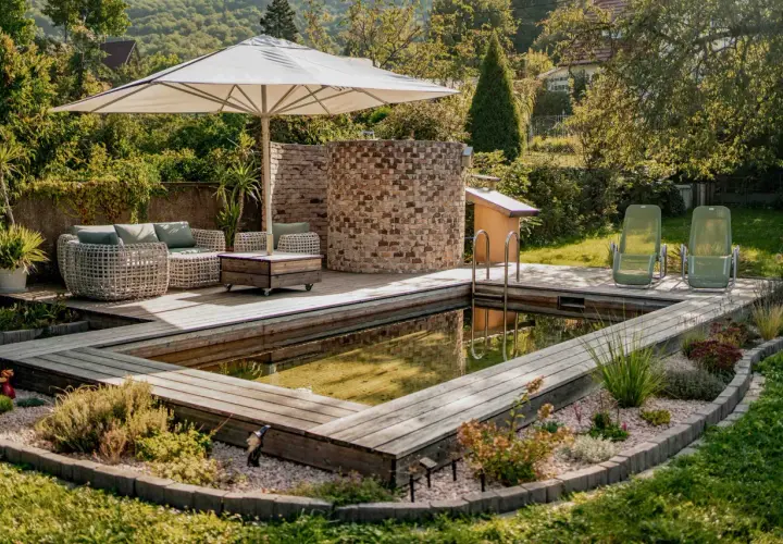 Ein schöner Garten mit einem teil-eingegrabenen Holzpool, Liegestühlen und einer gemütlichen Lounge-Ecke unter einem Sonnenschirm.