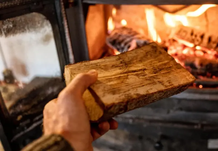 Hand hält Holzscheit für den Ofen. Bald wird brennholz verboten, die letzte Wärme.