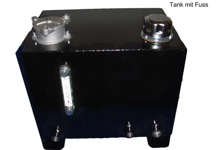 Schwarzer hydrauliköltank 10l mit Füllstandsanzeige und Schraubverschluss, bereit für den Einsatz.