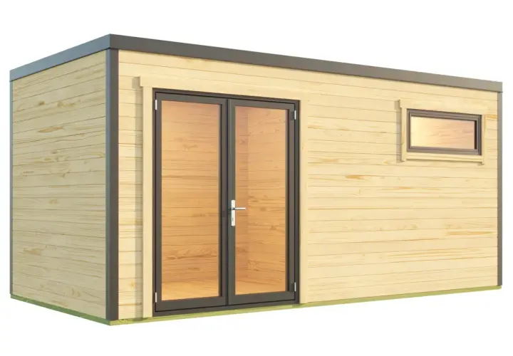 Modernes Gartenhaus mit Doppeltür und Fenster, ideal als Werkstatt oder Aufbewahrungsort.