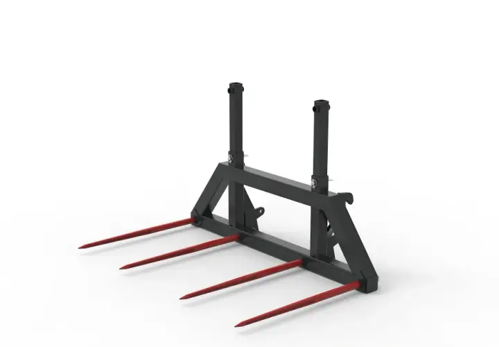 Schwarze ballentransportgabel mit vier roten Zinken, bereit für den Einsatz auf dem Feld.