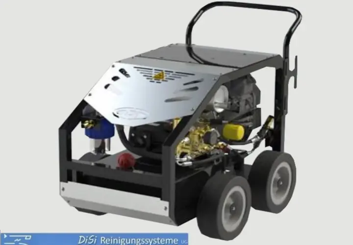 Benzin Hochdruckreiniger mit robustem Rahmen, Rädern und Motor. Ideal für professionelle Reinigungsarbeiten.