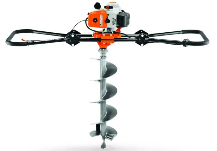 Leistungsstarke erdbohrer maschine mit orange-weißem Motor und großem Bohrer für schnelle Erdloch-Erstellung.
