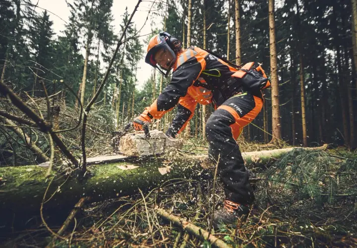 Forstarbeiter in Schutzkleidung arbeitet mit einer Kettensäge im Wald. PSA Forst schützt bei der Arbeit.