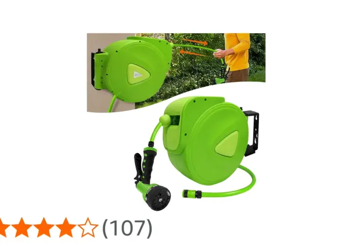 Grüner schlauchaufroller 30 meter mit Sprühpistole, ideal für den Garten.